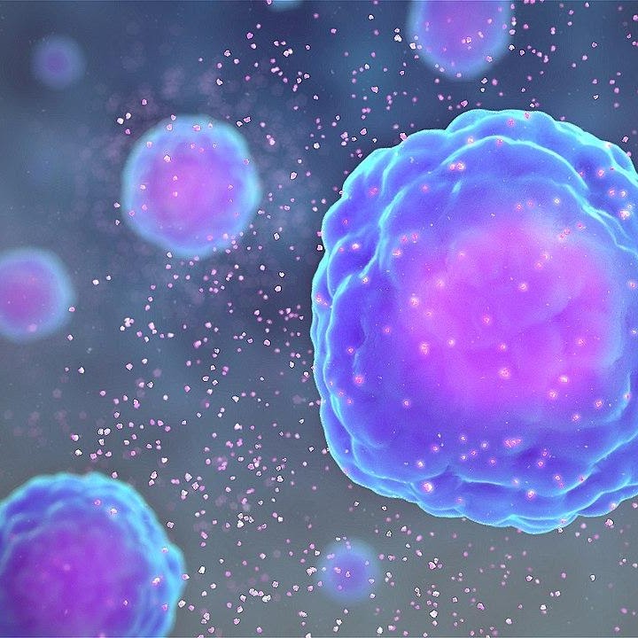 Abstract micrograph showing large blue-purple cells with glowing edges and many small white particles in a dark background and the scene conveys a cellular or molecular environment.